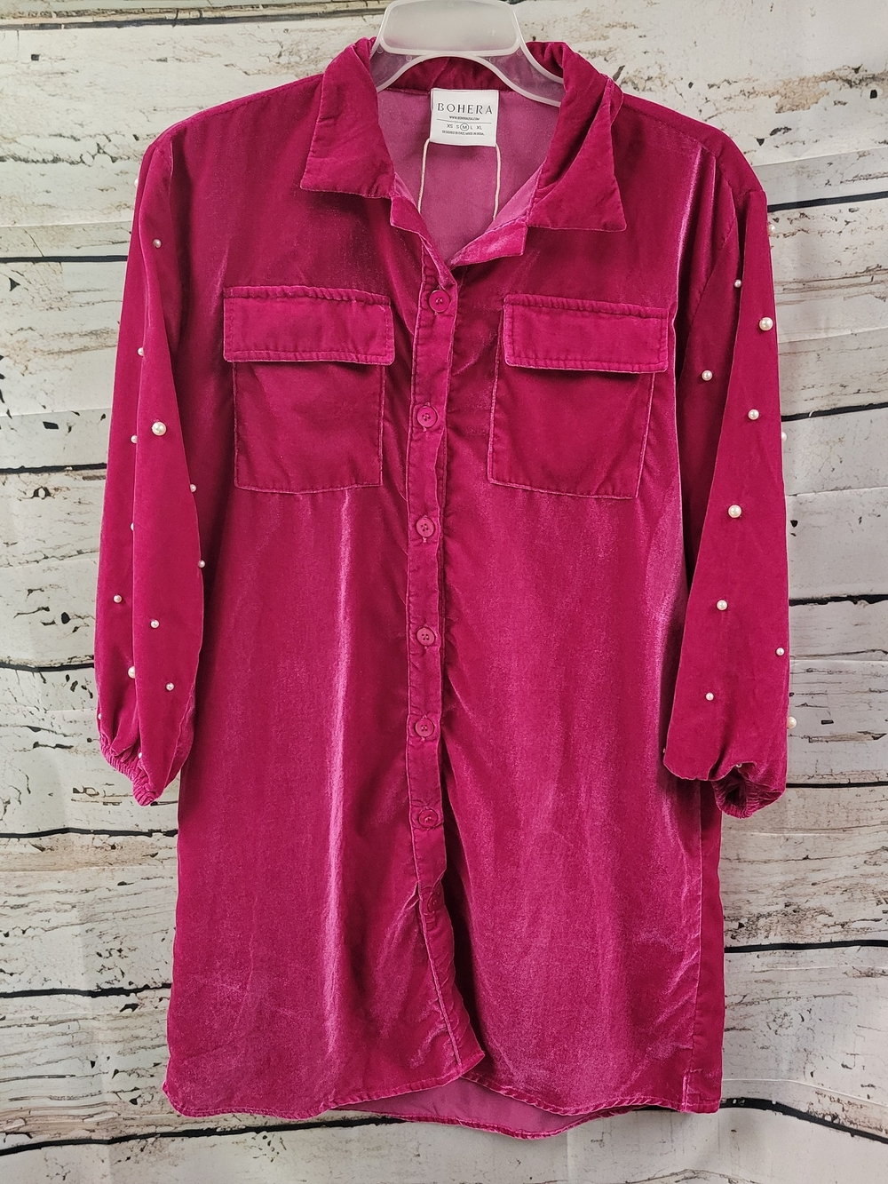 Bohera Pink Velvet Button Front Tunic Shirt Size M Pearl Embellished Boho